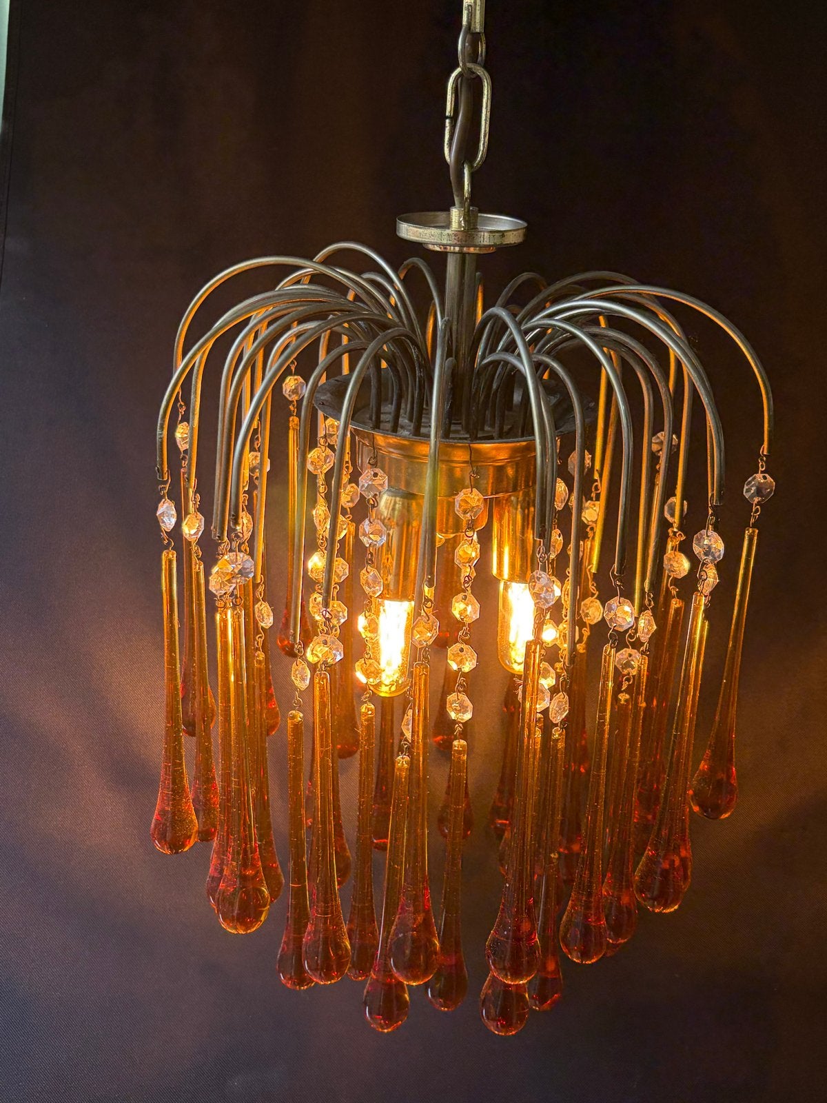 Vintage Druppel Kroonluchter - Amber Glas & Metaal, Ophalen, Gebruikt, Glas
