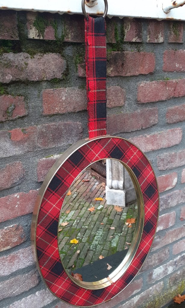 Vintage retro jaren 1950 spiegel in tartan stof Hang spiegel, Huis en Inrichting, Minder dan 50 cm, Gebruikt, Rond, Ophalen of Verzenden