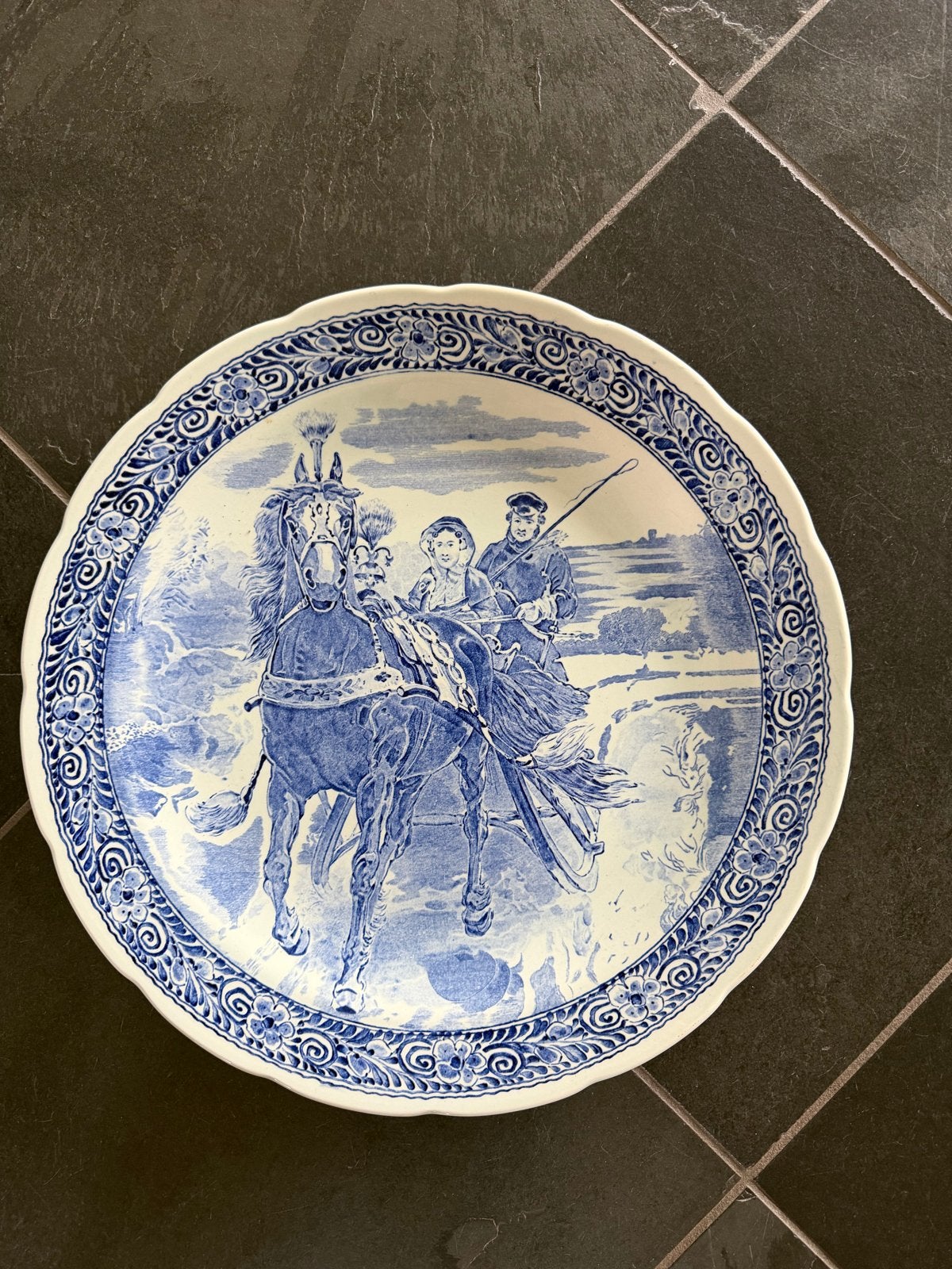 Antiek Delfts Blauw Bord - Paard en Wagen, Ophalen of Verzenden