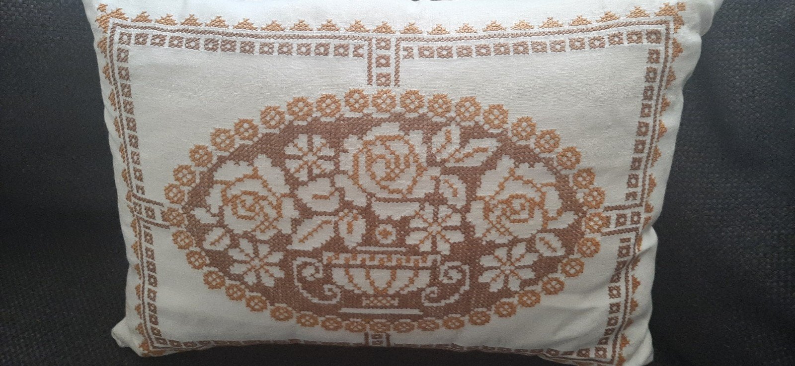 Vintage Kussen Jaren '50-'60 - Geborduurd - 50x36cm, Gebruikt, Meerkleurig, Met print, Ophalen of Verzenden