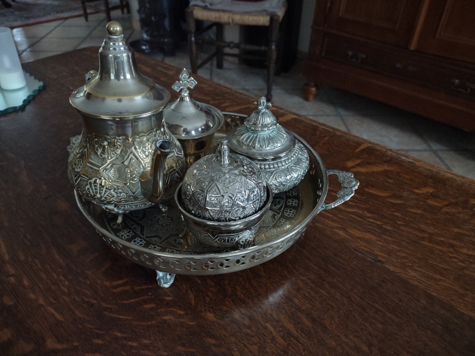 Antieke Marokkaanse theeset met dienblad, Ophalen of Verzenden