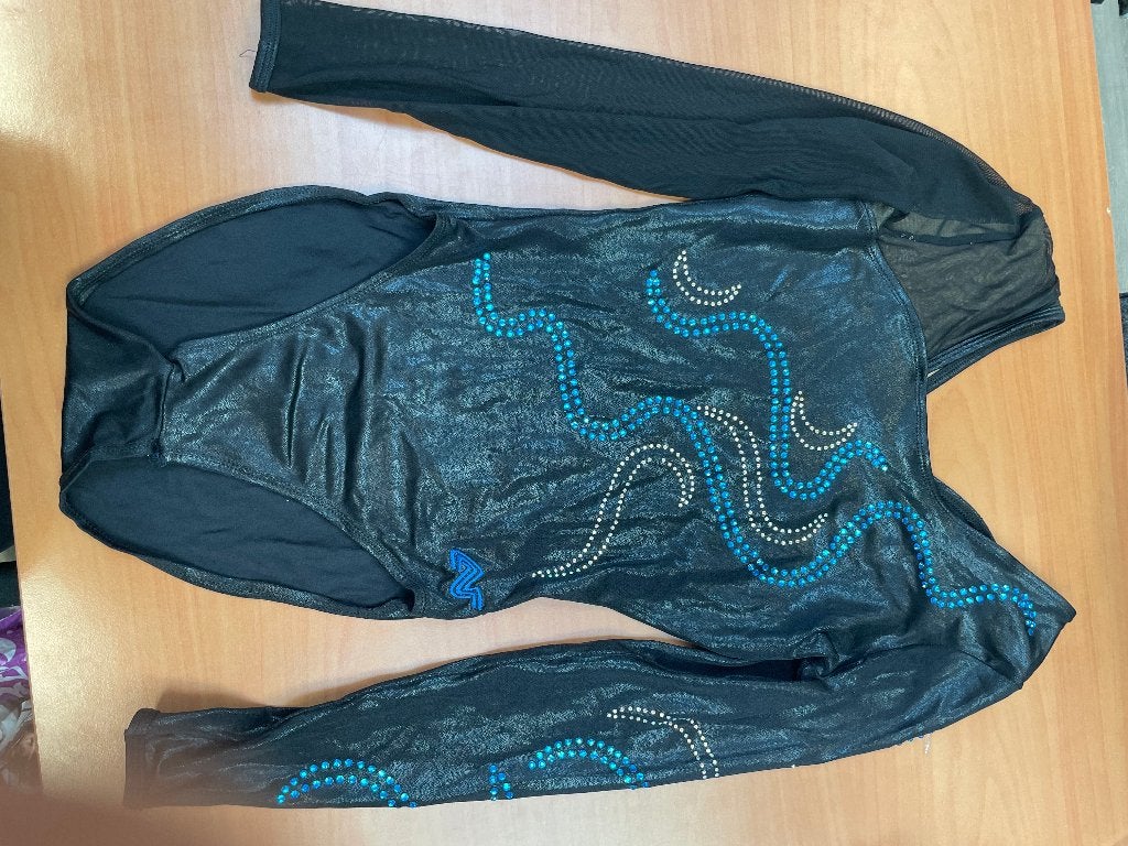 Turnpakje lange mouw zwart/blauw met strass, Gebruikt, Zwart, Maat 36 t/m 42, Ophalen of Verzenden