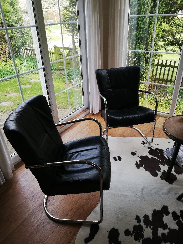 Deense design vintage fauteuil zwart leer, chroom KEBE, Huis en Inrichting, Ophalen, Zo goed als nieuw, Vintage design Deens, Leer
