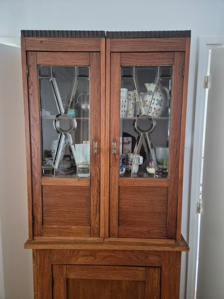 Houten kast met glazen deurtjes, Huis en Inrichting, Kasten | Buffetkasten, Ophalen, 25 tot 50 cm