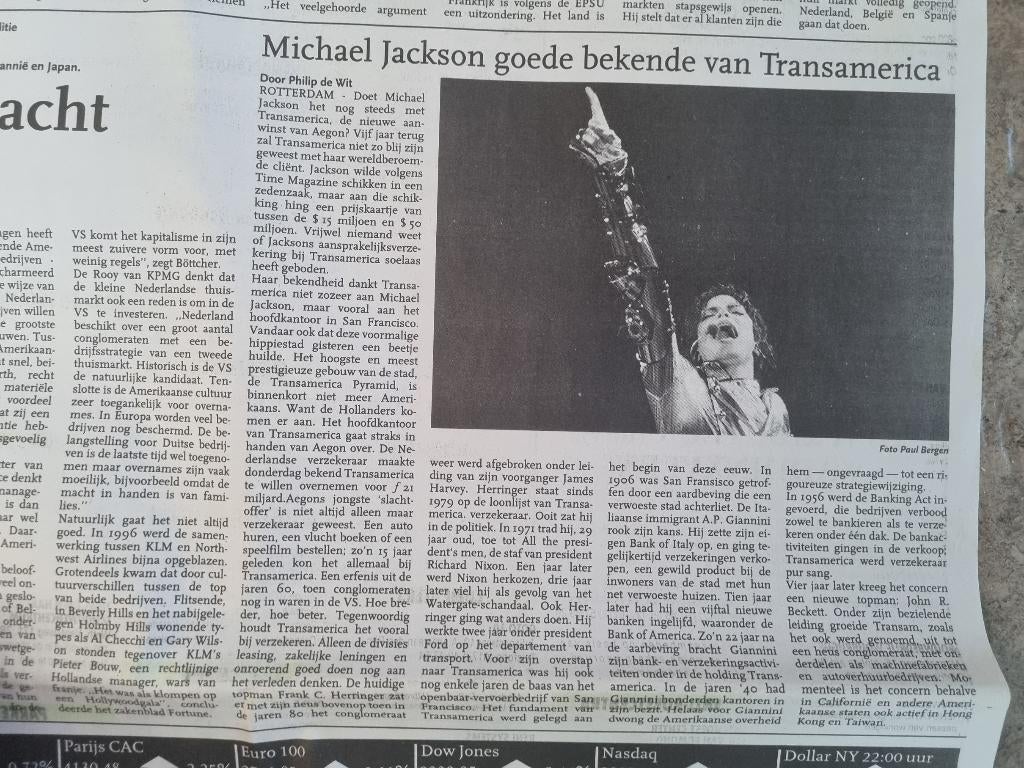 Michael Jackson klant van Transamerica (1999), Verzamelen, Tijdschriften, Kranten en Knipsels, Ophalen of Verzenden, 1980 tot heden