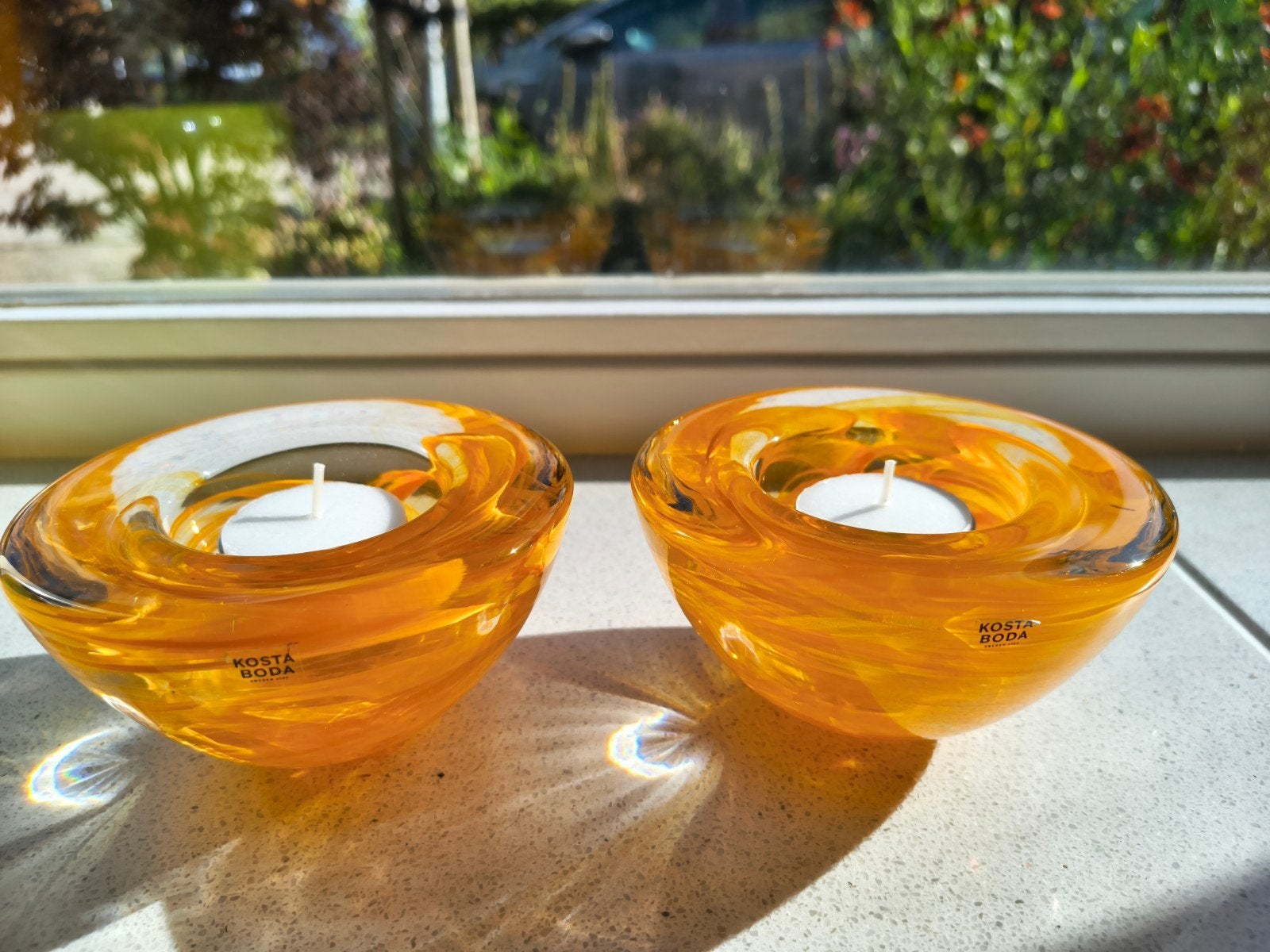 Kosta Boda kristalglas set waxinelichthouders oranje Zweden, Ophalen of Verzenden