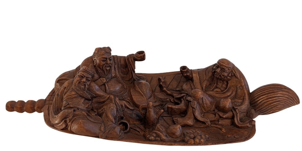 Chinees houtsnijwerk – onsterfelijken in een boot – 036, Gebruikt, 7 cm, Ophalen of Verzenden, Hout
