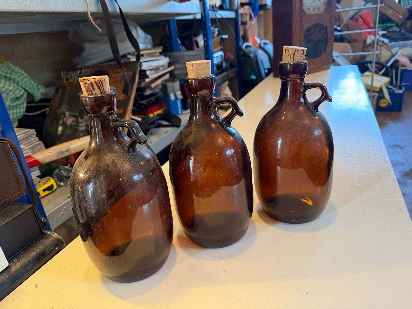 3 Apothekersflessen Bruin Amber Glas met Kurk, Ophalen of Verzenden