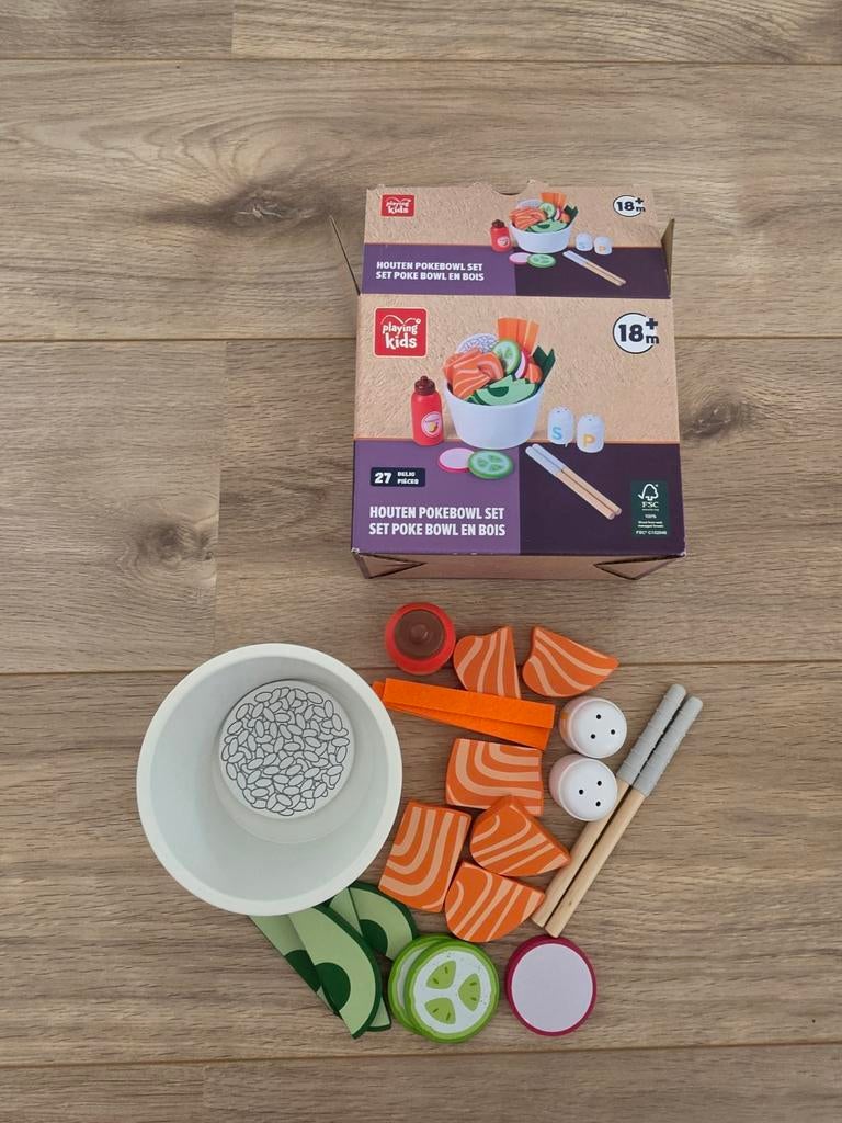 Playing Kids houten pokebowl set nieuw met doos, Ophalen of Verzenden, Nieuw, Hout, Speelkeuken-accessoire