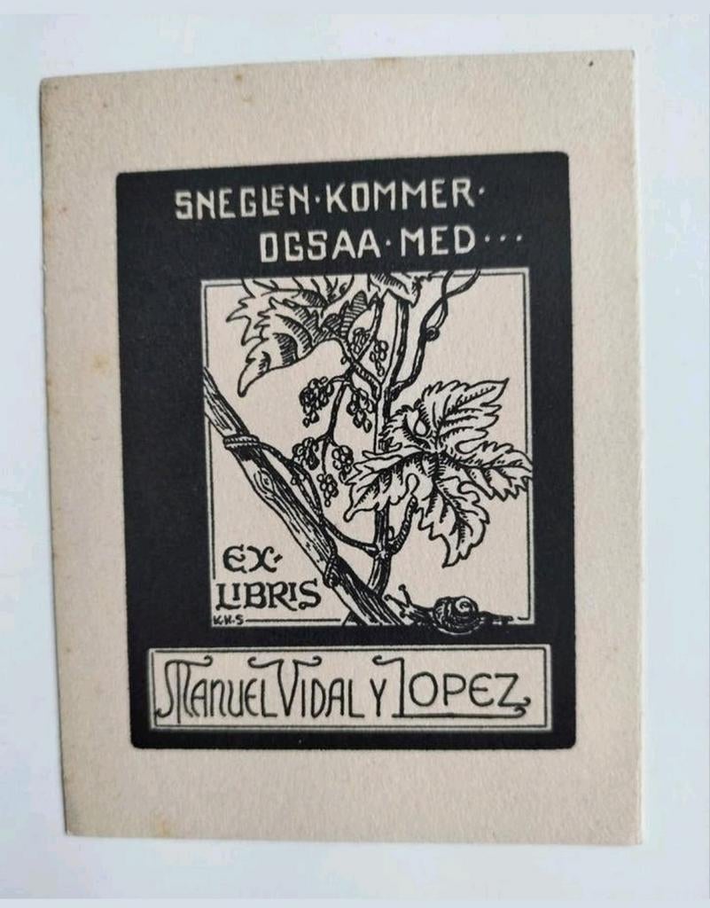 Exlibris - Manuel Vidal y Lopez (1948) (slak, wijnrank), Antiek en Kunst, 10 cm, 8 cm, Origineel, Flora en Fauna