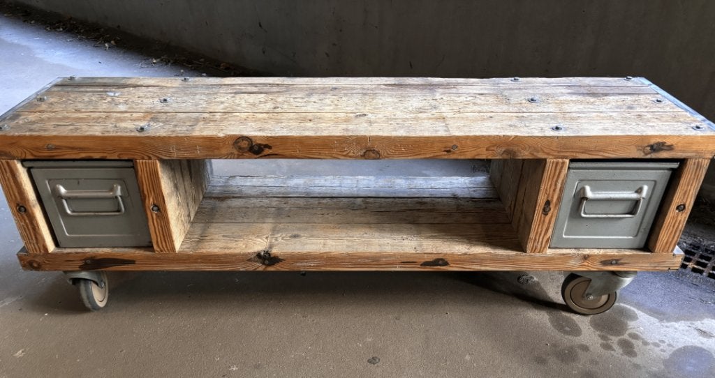 TV meubel, Steenschot met 2 bakken, Gebruikt, 100 tot 150 cm, Rustiek, Grof, Steenschot, Ongepolijst, Ruw, Stoer, Industrieel