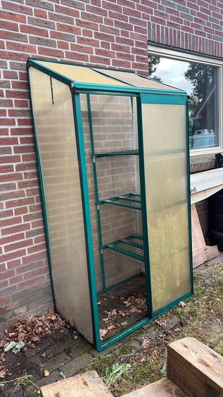 Muurkas met schappen en schuifdeur, Tuin en Terras, Kassen, Ophalen, Muurkas, Aluminium, Polycarbonaat