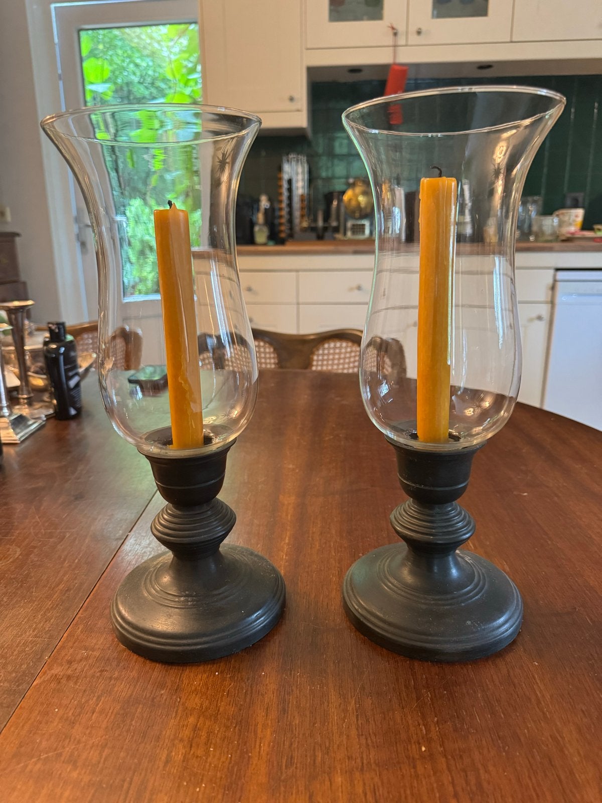 Set van 2 windlichten / kandelaars met glazen kap, Antiek en Kunst, Ophalen, Glas