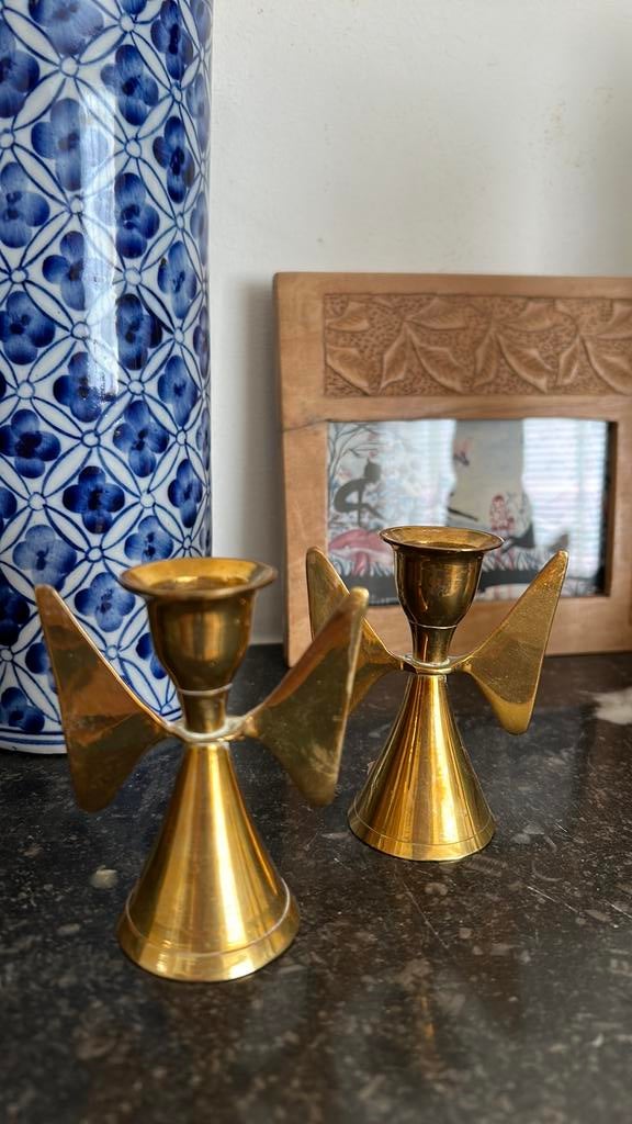 2 vintage messing brass kandelaartjes engeltjes kandelaars, Ophalen of Verzenden, Minder dan 25 cm
