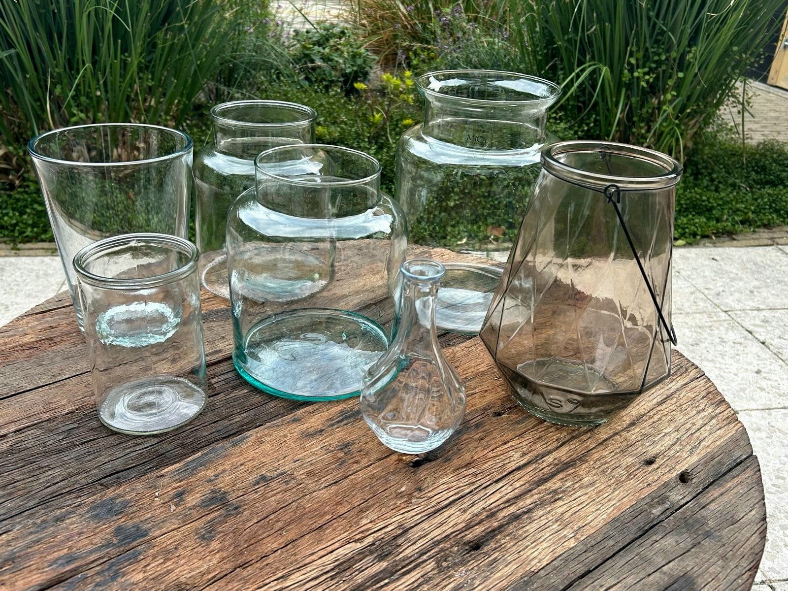 Set van 7 Diverse Grote Glazen Vazen / Windlichten, Ophalen, 23 cm, Gebruikt, Transparant