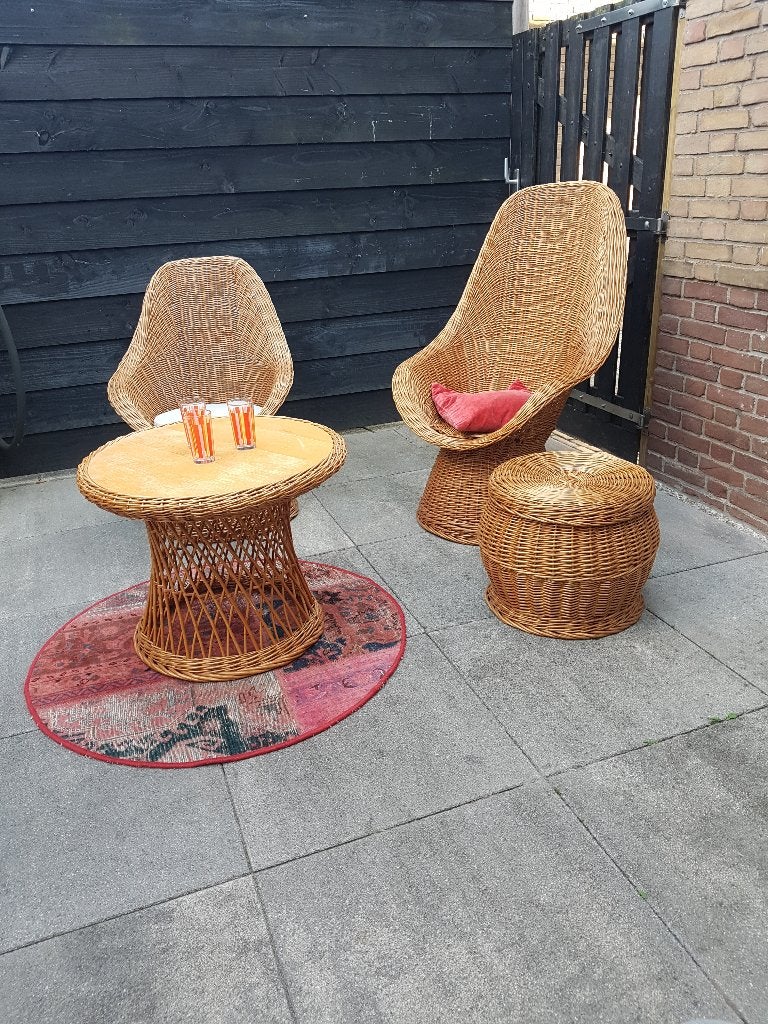 Rieten set:2x Fauteuil + Tafel + Hocker. Vintage jaren 60-70, Ophalen, Gebruikt, Twee, Bruin