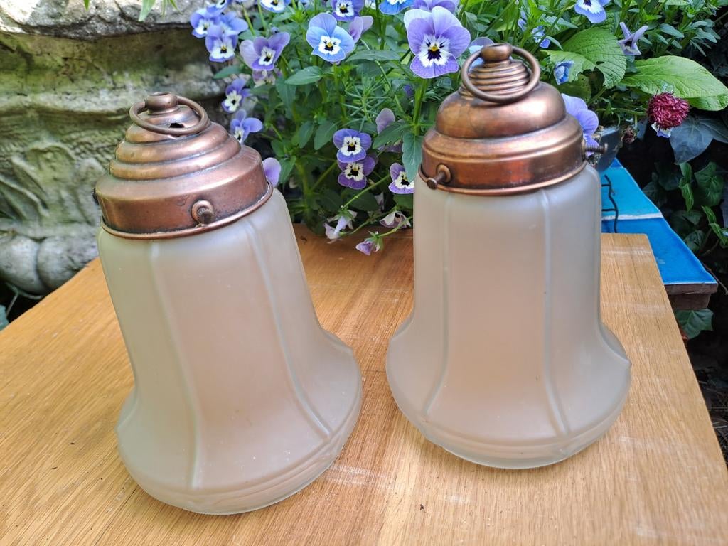 Set van 2 antieke hanglampen met koperen fitting, Antiek en Kunst, Antiek | Lampen, Ophalen of Verzenden
