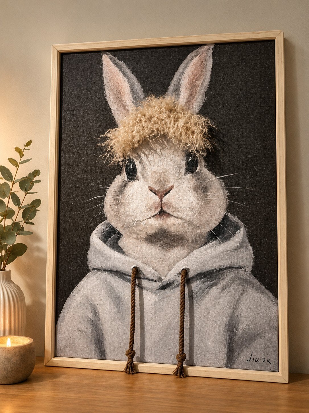 Bijzonder schilderij konijn met aaibaar haar – houten lijst, Ophalen of Verzenden