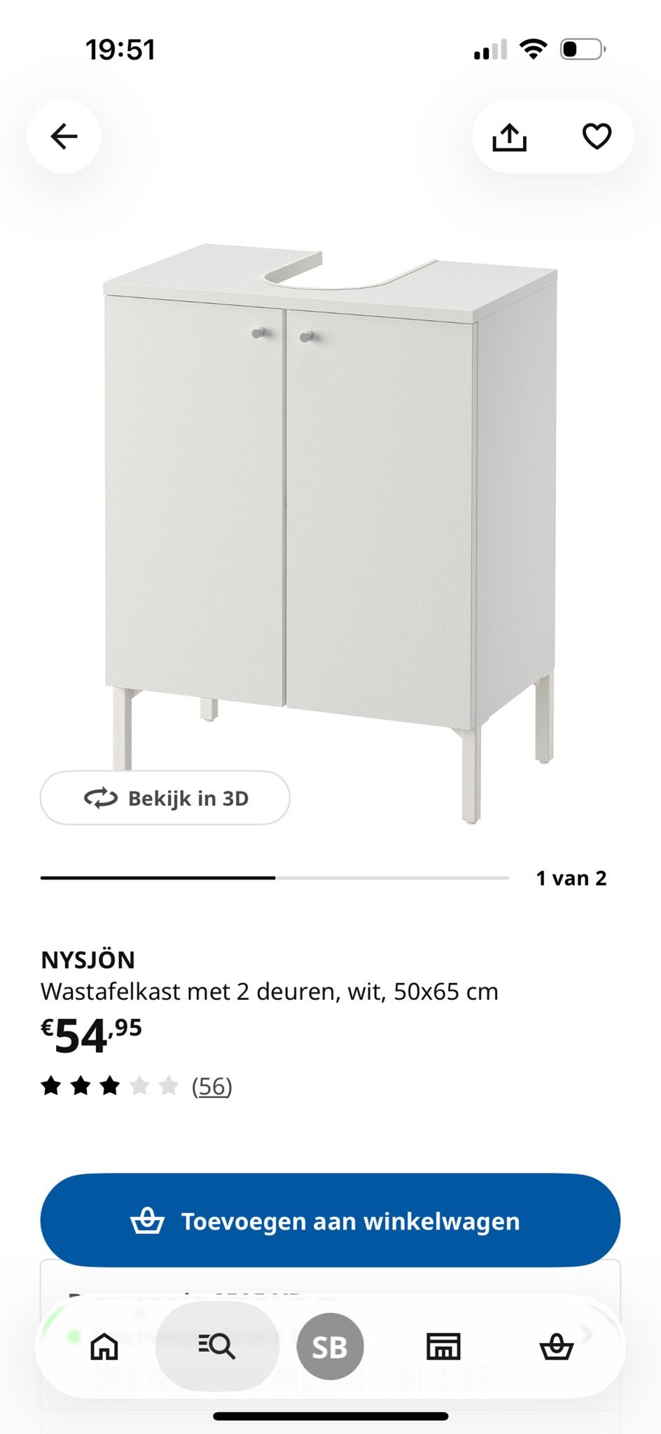 IKEA NYSJÖN Wastafelkast wit, 50x65 cm, Ophalen, Gebruikt