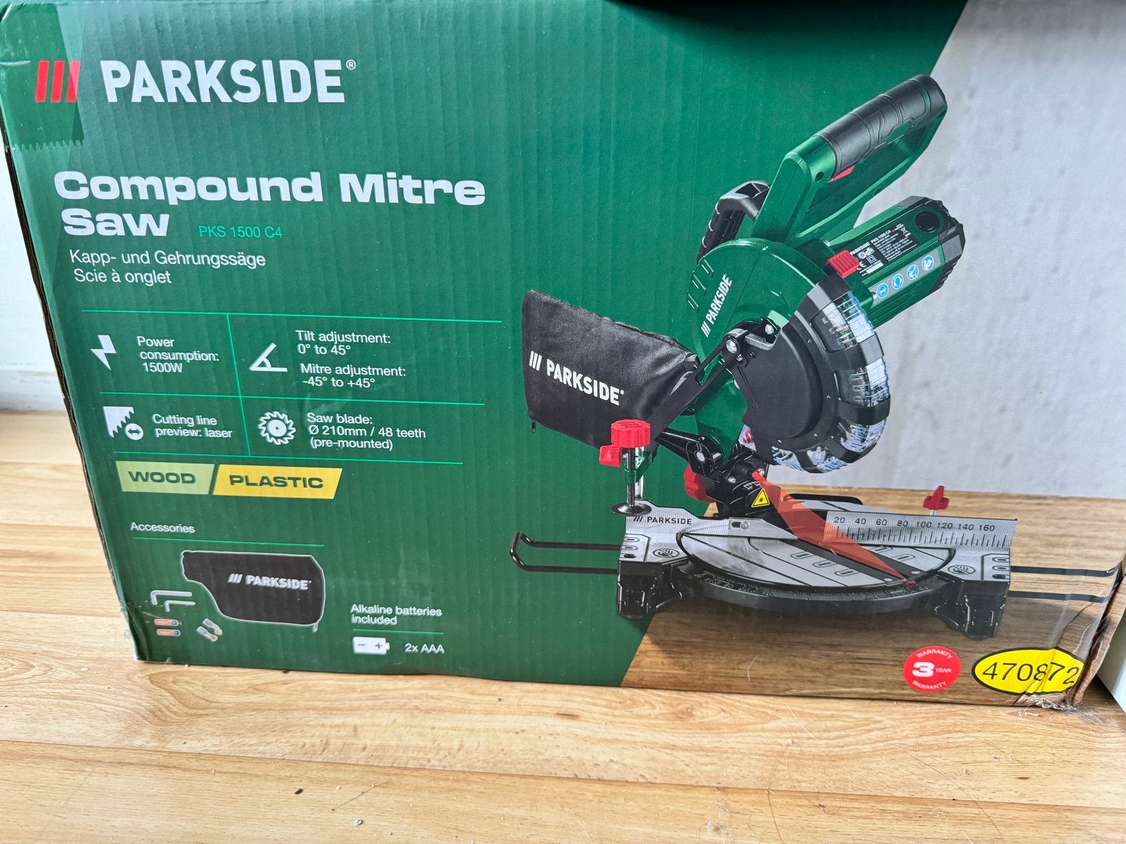 Nieuwe Parkside Afkortzaag PKS 1500 C4 - Ongebruikt in doos, Doe-het-zelf en Verbouw, Gereedschap | Zaagmachines, 70 mm of meer