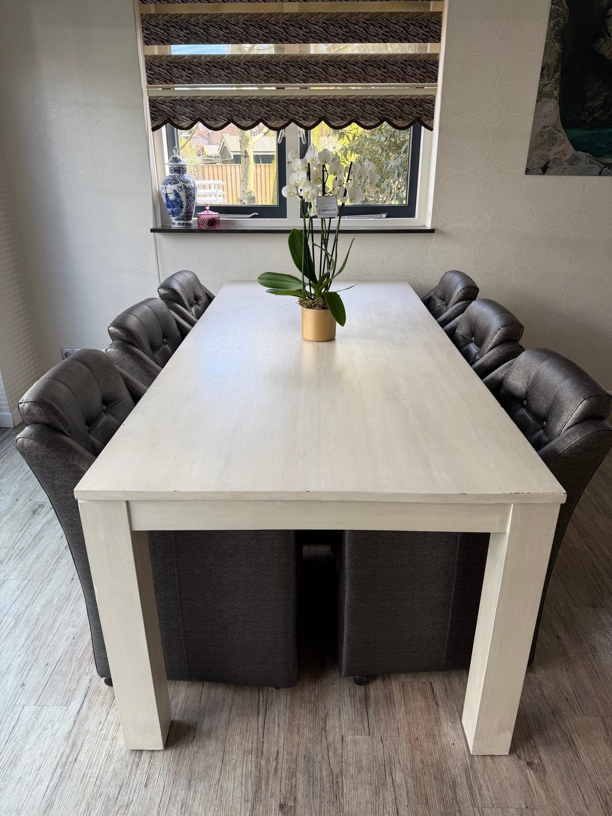 Eettafel met 6 stoelen - Landelijke stijl teakhout, Gebruikt, 150 tot 200 cm, Vier personen, Rechthoekig