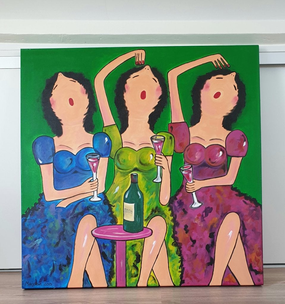 Vrolijk schilderij drie dames op mooi stevig doek, Ophalen
