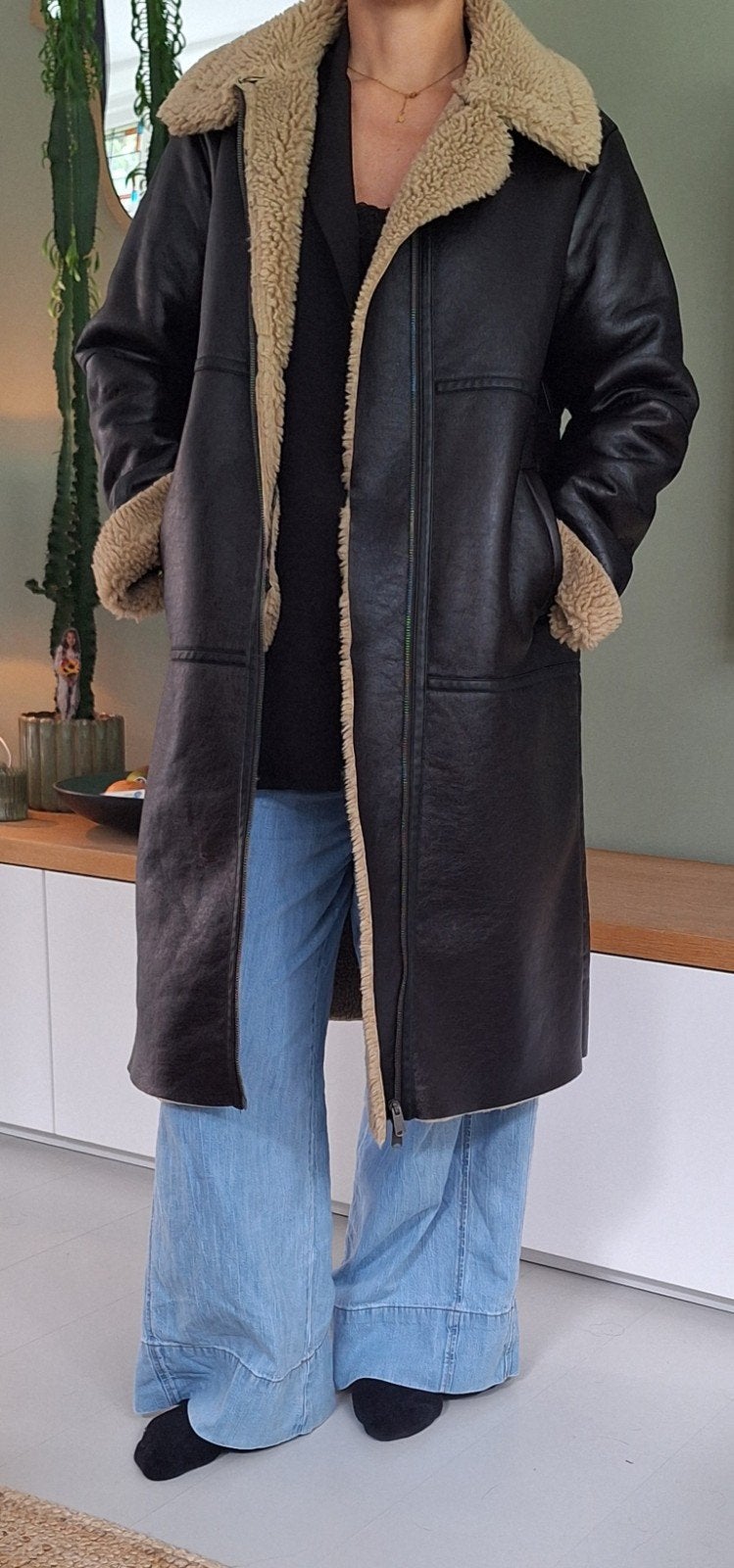 Costes lange imitatieleer jas met teddy voering - Maat L, Zwart, Maat 42/44 (L), Ophalen of Verzenden, Zo goed als nieuw