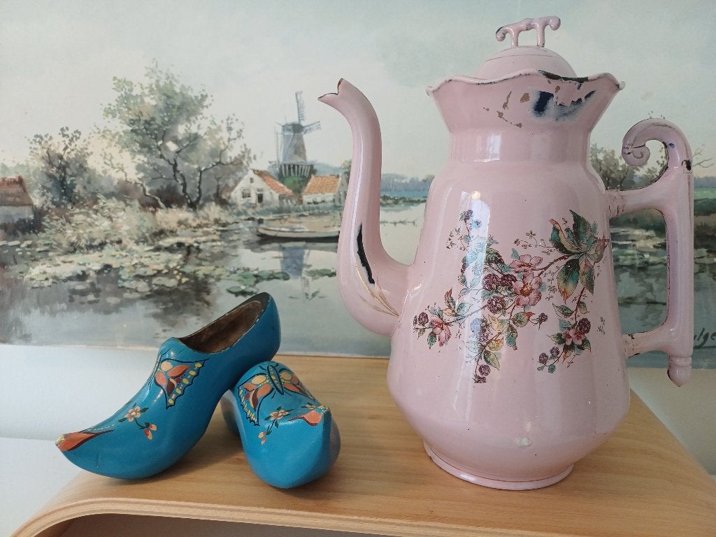 Rose koffiepot met schaatshandvat en bloemen, Ophalen of Verzenden