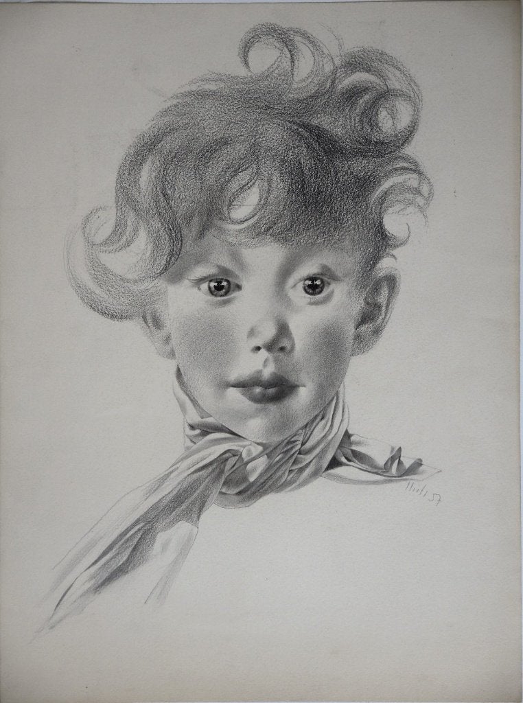 Bart van 't Hull potloodtekening "Kinderportret" 1957 gesign, Ophalen, Minder dan 50 cm, Zo goed als nieuw, 5 – 50