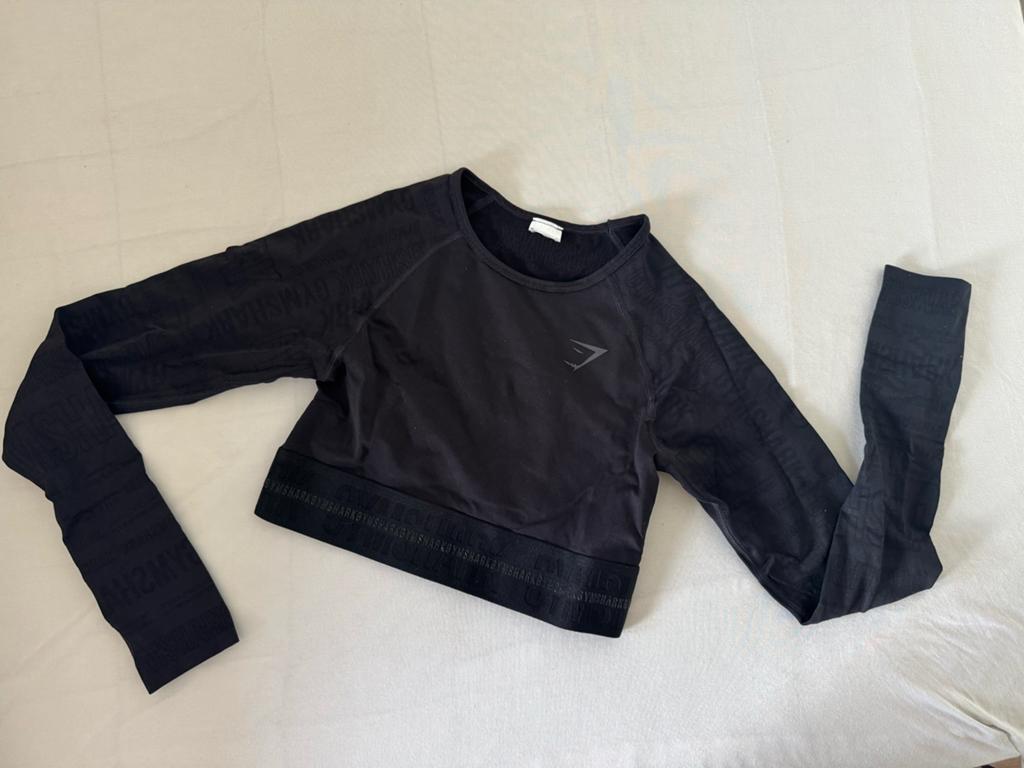 Gymshark cropped sportshirt lange mouwen zwart, Verzenden, Zwart, Maat 36 (S), Fitness of Aerobics