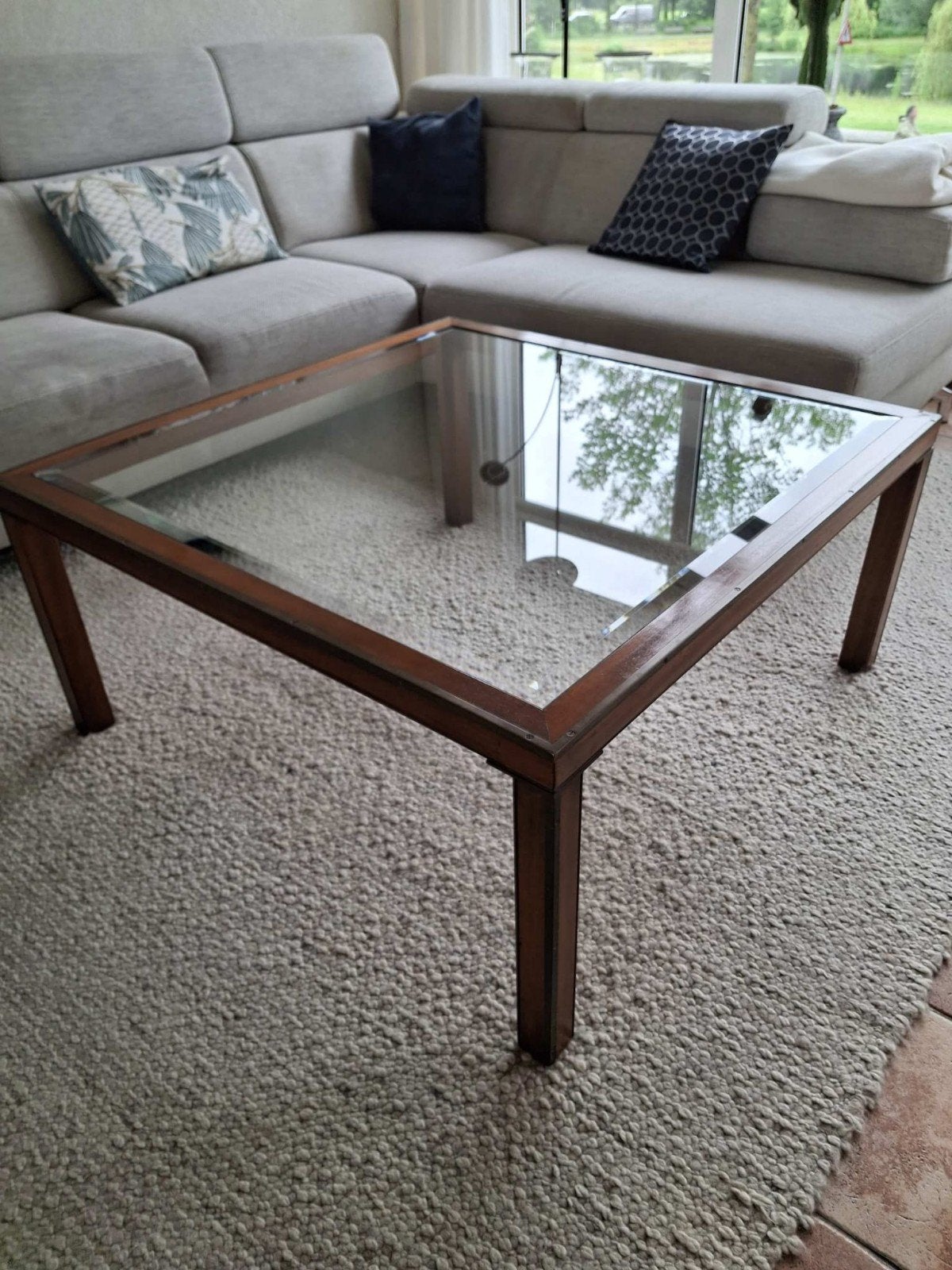 Stijlvolle Salontafel 100x100cm - Hout en Glas, Ophalen, Gebruikt, Vierkant, Overige houtsoorten