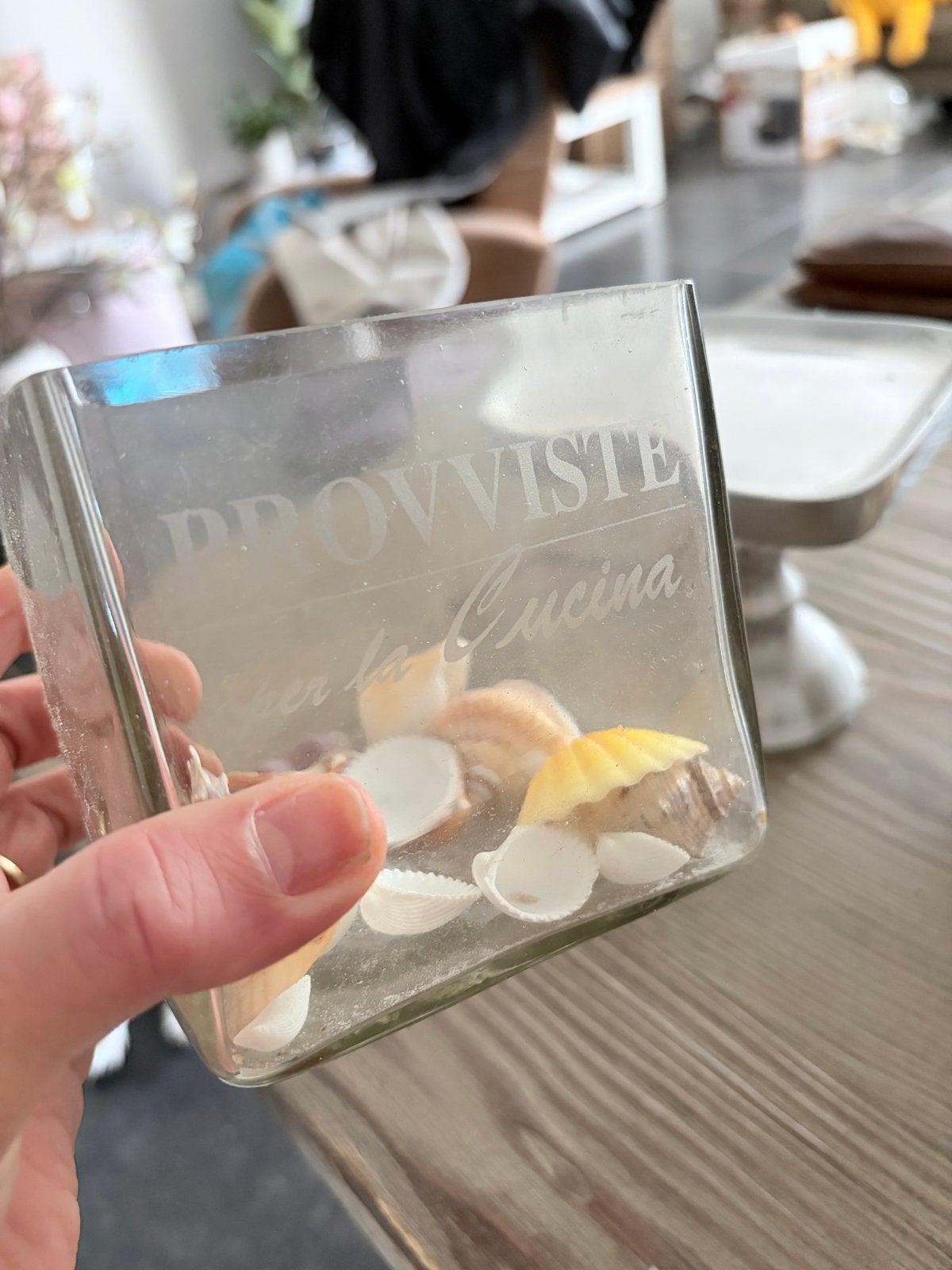Riviera Maison glazen pot zonder schelpen en plateautje, Ophalen of Verzenden, Gebruikt, Glas, Landelijk