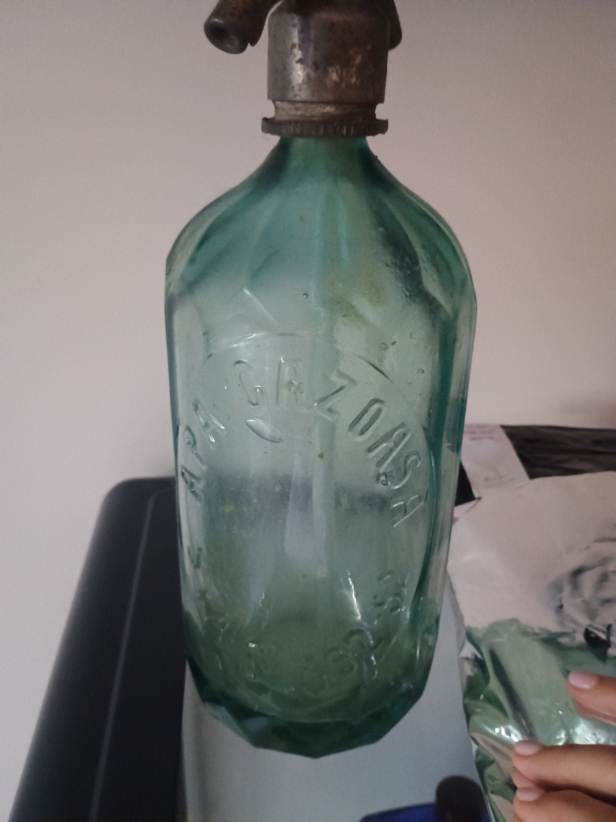 Vintage Spuitfles Blauw/Groen Glas Jaren '50 - APA GAZOASA, Antiek en Kunst, Ophalen