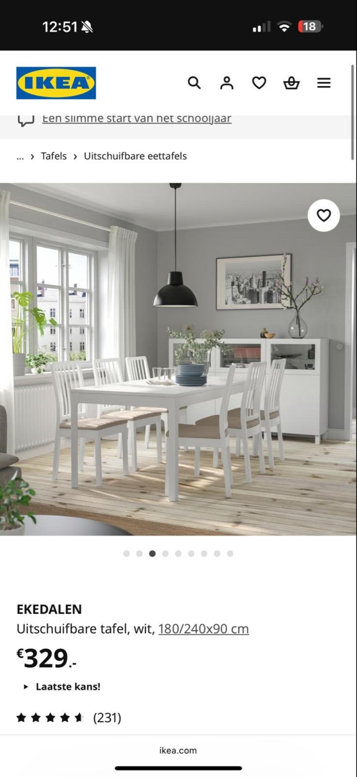 IKEA EKEDALEN Uitschuifbare eettafel wit, Huis en Inrichting, Tafels | Eettafels, 200 cm of meer, Zo goed als nieuw, Vier personen