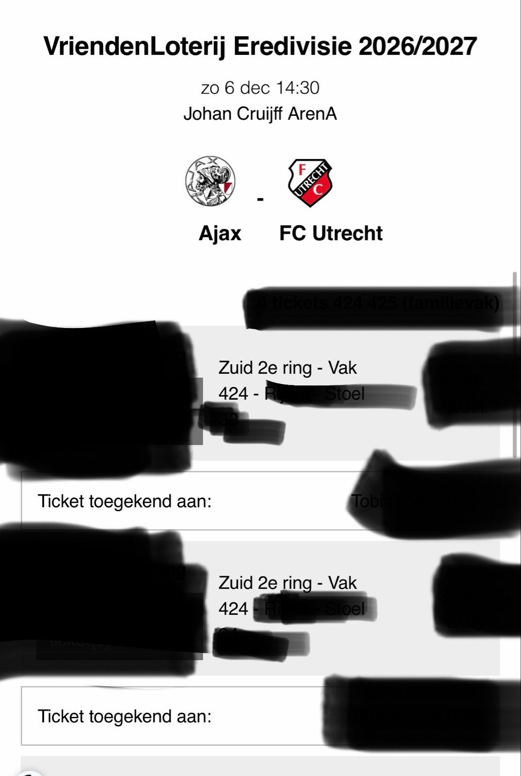 Ajax- utrecht 2 kaarten naast elkaar, Tickets en Kaartjes, Twee personen, Mei
