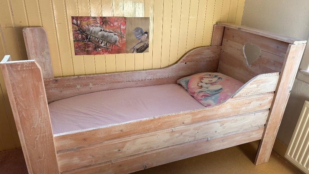 Houten kinderbed whitewash, matrasmat 160x70, Kinderen en Baby's, Ophalen, Gebruikt, 70 tot 85 cm, Lattenbodem