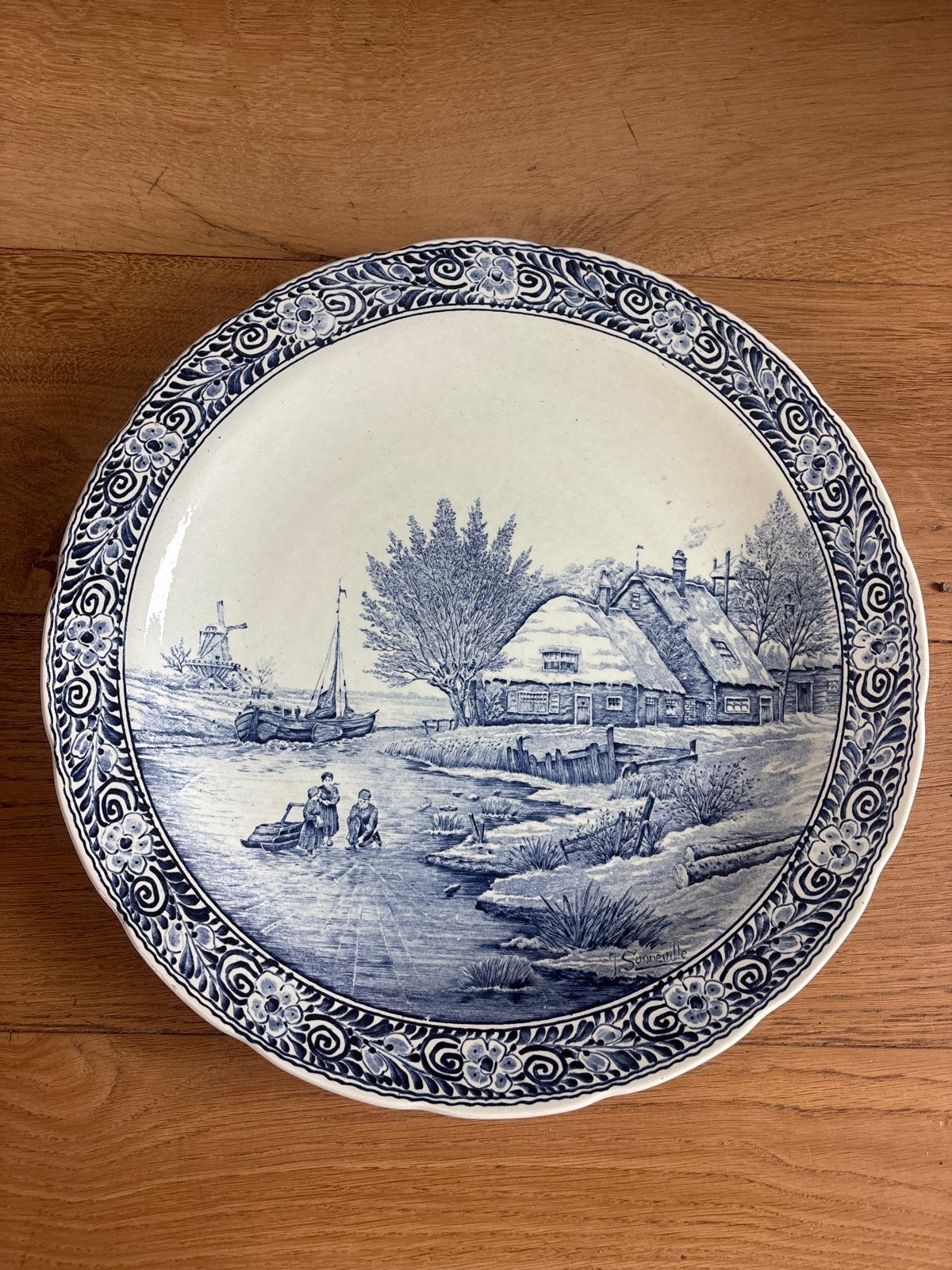 Antiek Boch Frères Delfts Blauw Wandbord - Wintertafereel, Antiek en Kunst, Antiek | Wandborden en Tegels, Ophalen of Verzenden
