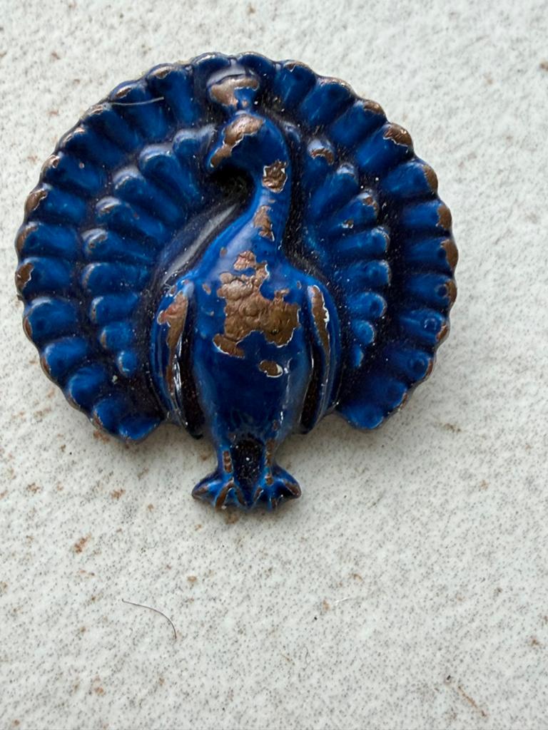 Vintage Pauw Broche - Blauw Emaille Koperen Sieraad, 4 tot 7 cm, Koper, Blauw, Ophalen of Verzenden