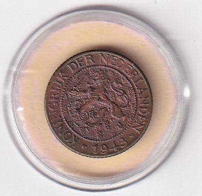 1 Cent 1943 PP met randtikje en diverse muntkleuren, Verzenden, Koningin Wilhelmina, 1 cent, Losse munt