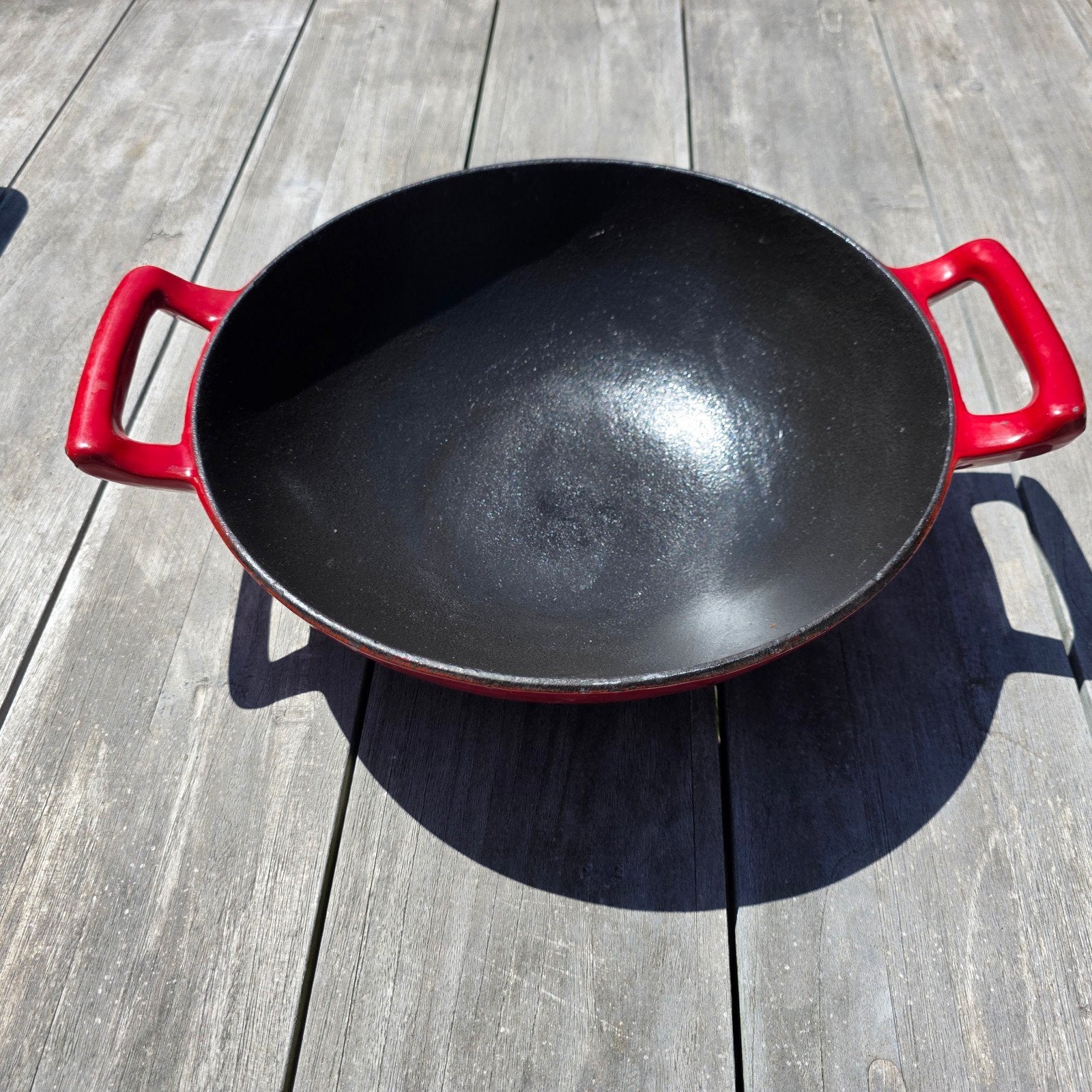 Gietijzeren wok 30 cm doorsnede emaille buitenkant, Ophalen of Verzenden, Gebruikt, Gietijzer, Wok