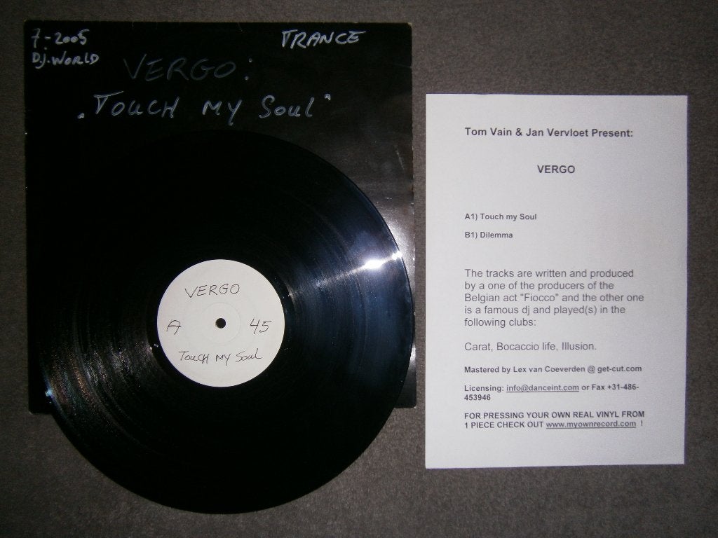 Tom Vain & Jan Vervloet present Vergo – Touch My Soul. 2005, Ophalen, House, Promo, Zo goed als nieuw