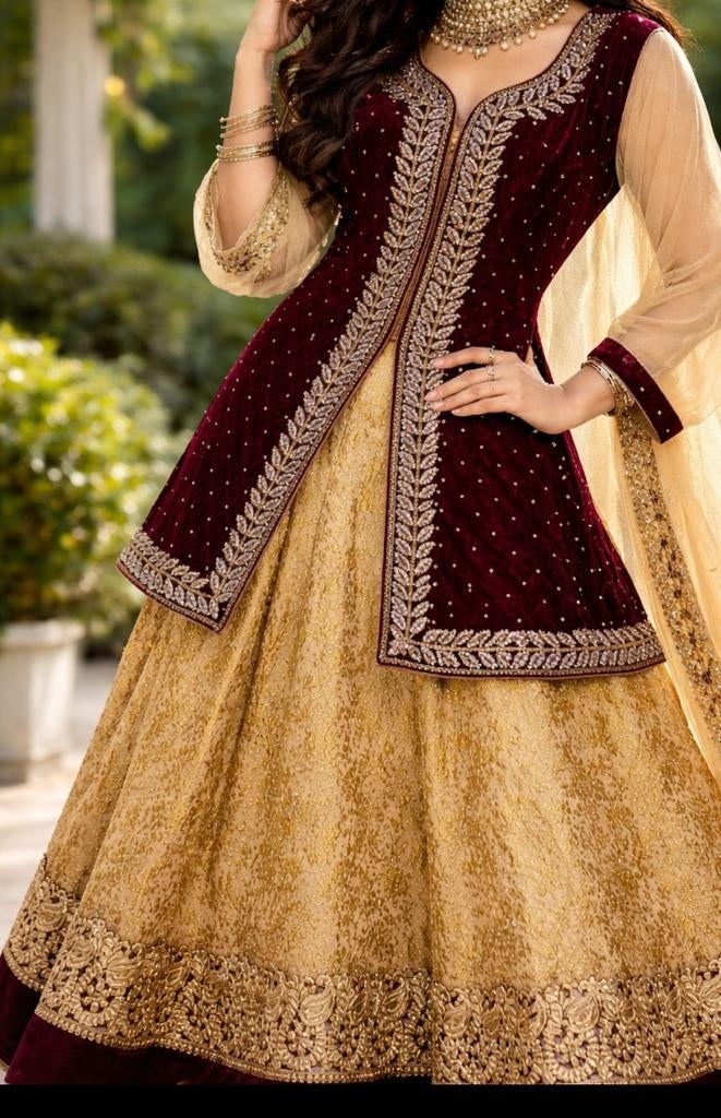 Bordeaux gouden Lengha, Kleding | Dames, Gelegenheidskleding, Ophalen of Verzenden, Zo goed als nieuw, Maat 36 (S), Overige typen