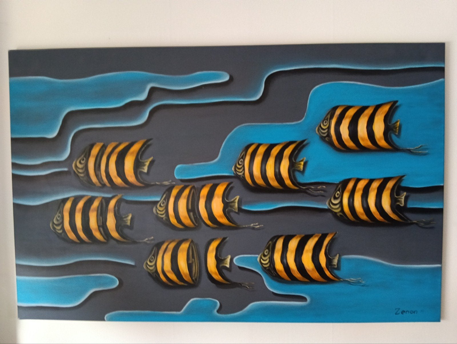 Olieverfschilderij 'Vissen' van Zenon 140x90, Antiek en Kunst, Ophalen