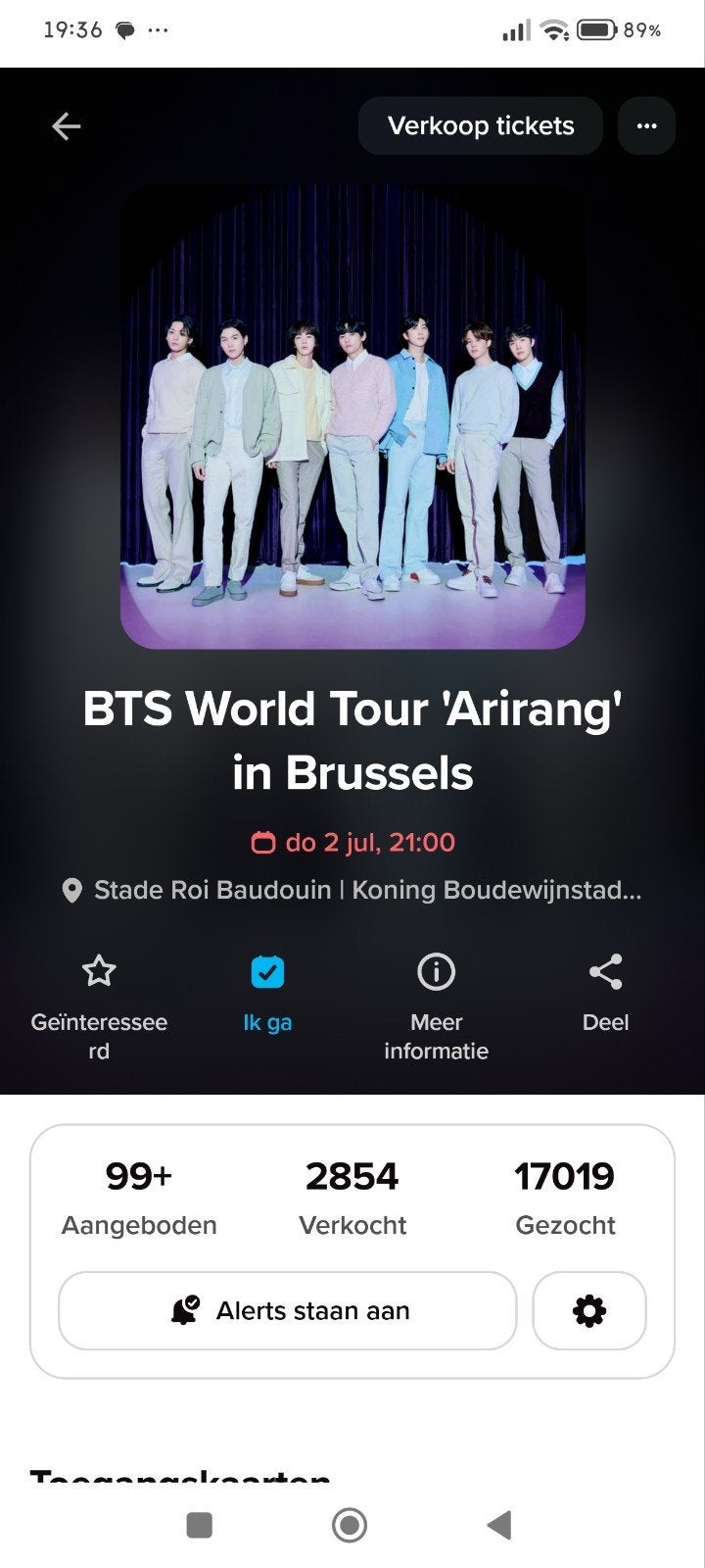 2 zitplaatsen €250/ticket bij BTS concert 2 Juli in Brussel, Twee personen