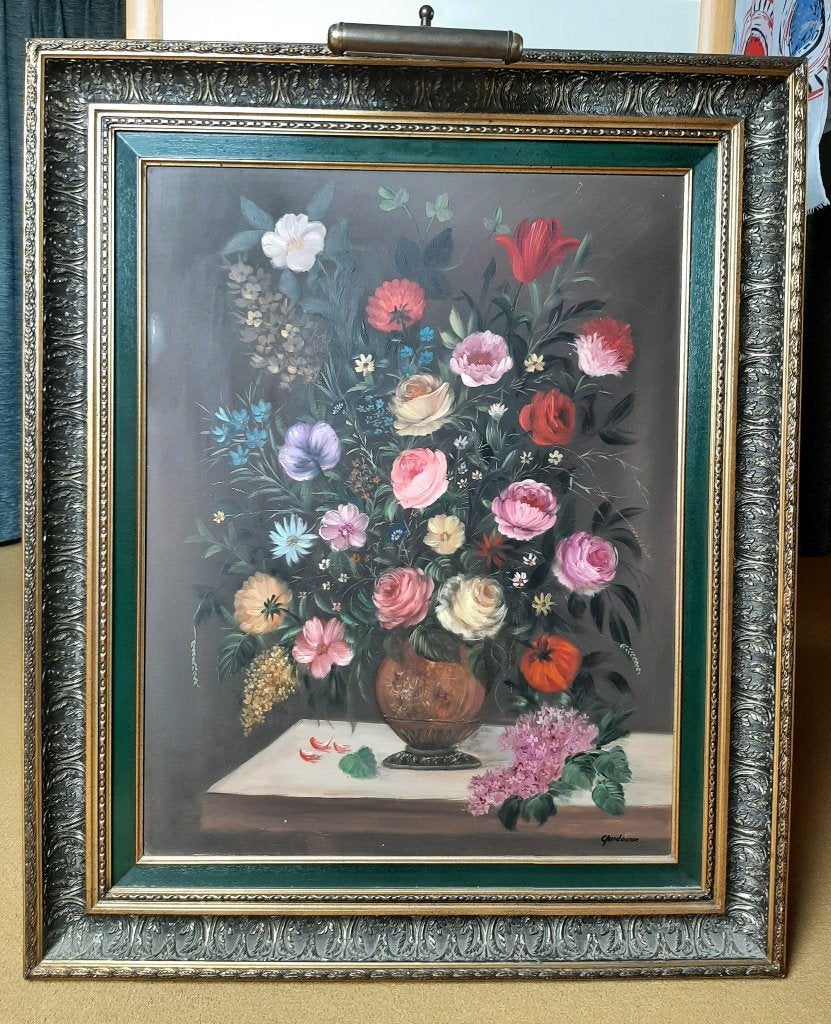 Schilderij met prachtige lijst en verlichting, Ophalen, Bloemen