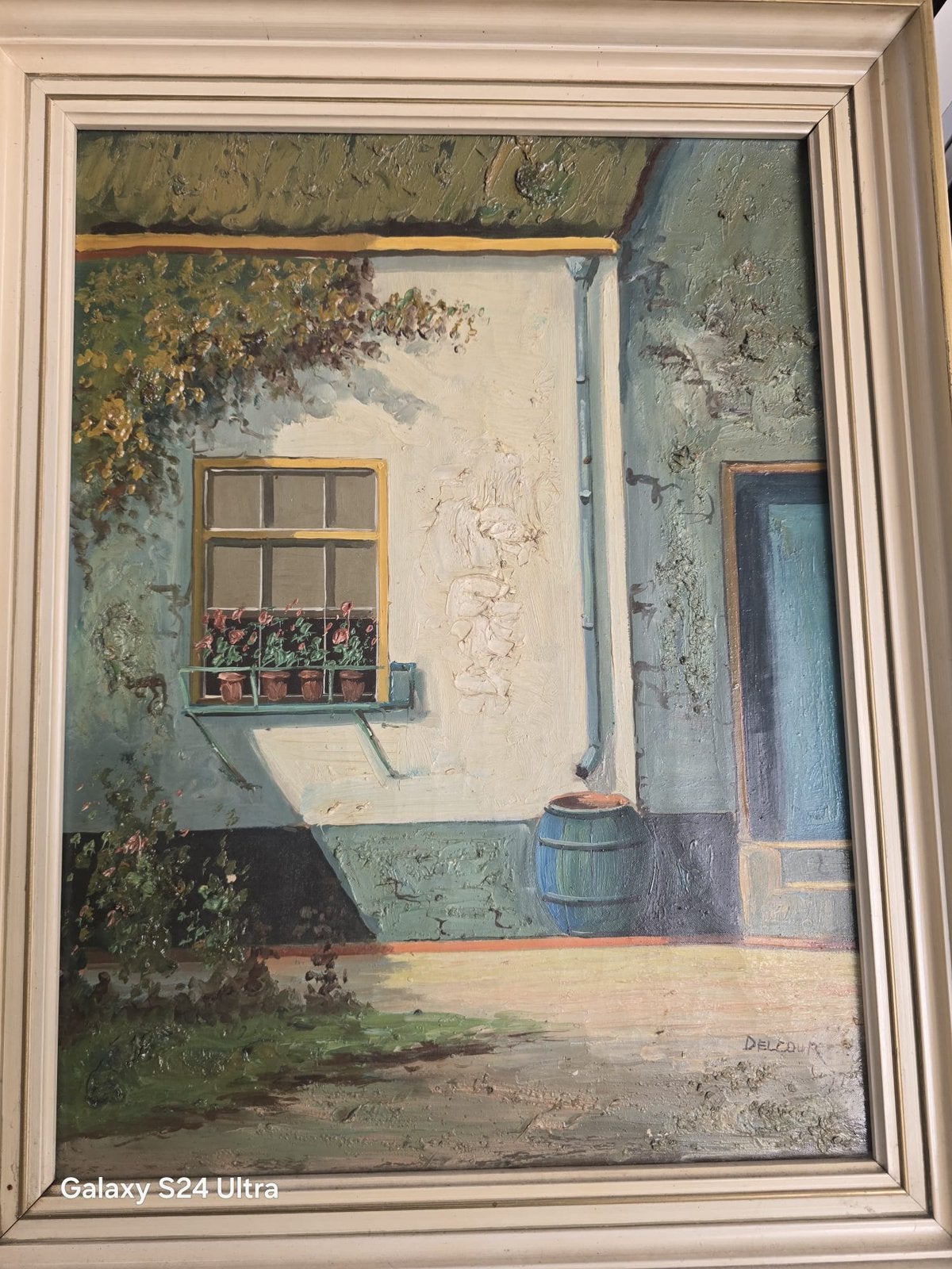 Gesigneerd olieverfschilderij DELCOUR – sfeervolle binnenpla, Doek, Stilleven, Impressionistisch, Ophalen of Verzenden