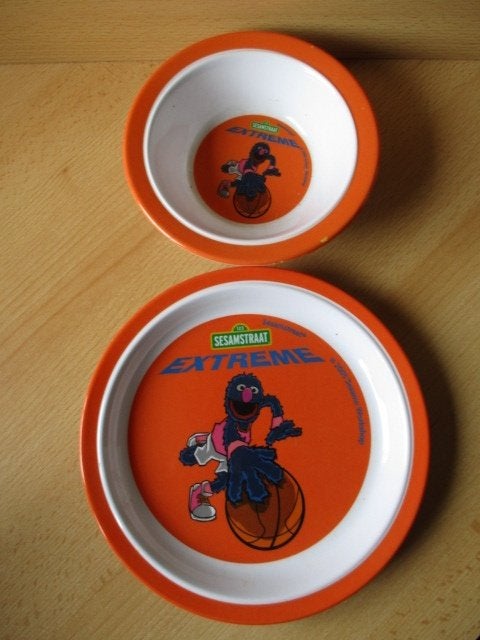 Sesamstraat Grover kunststof ontbijtbordje en bakje  Extreme, Ophalen of Verzenden, Gebruikt