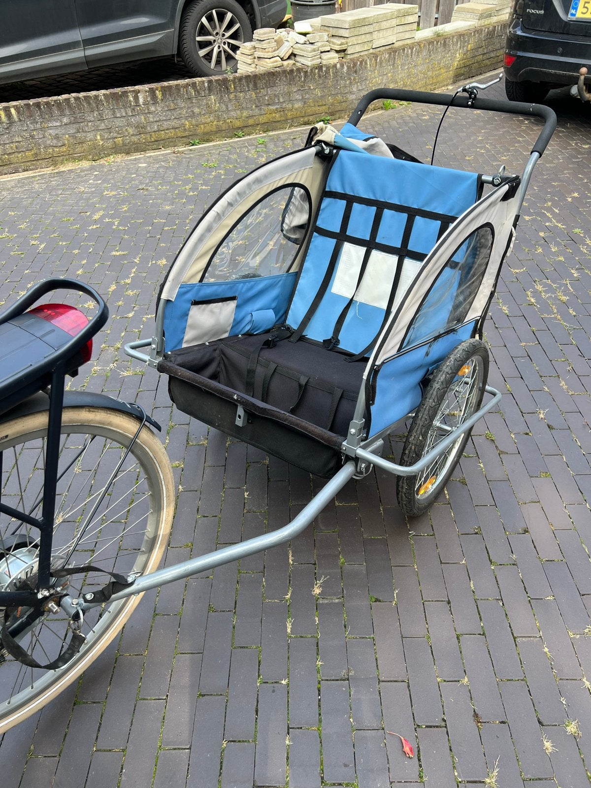 Kinderfietskar / Wandelwagen - Blauw en Grijs, Fietsen en Brommers, Ophalen, Gebruikt, Opvouwbaar, Kinderkar