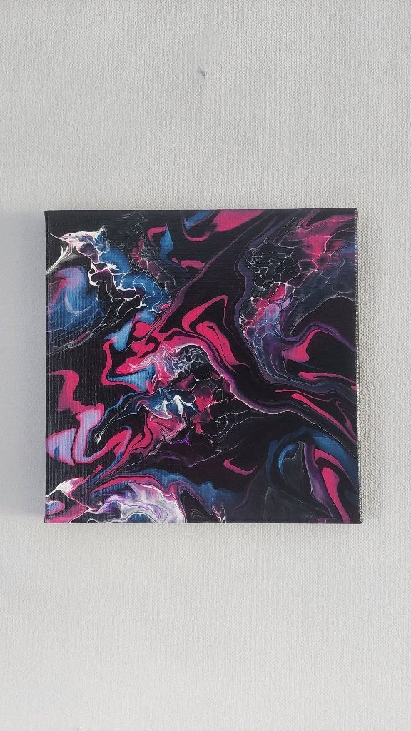 Abstract schilderij roze en blauw op zwart 20 x 20 cm, Ophalen