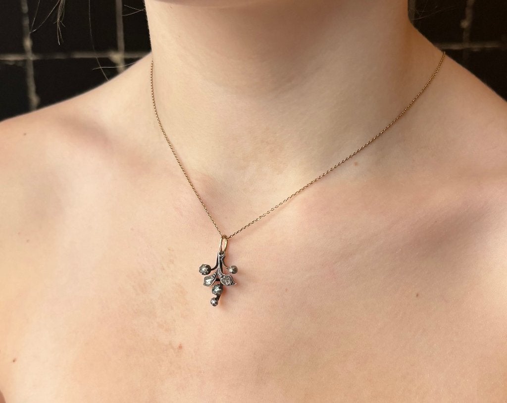 Roos diamant antieke 14k gouden ketting en hanger dames, Ophalen of Verzenden, Goud, Ketting, Met edelsteen